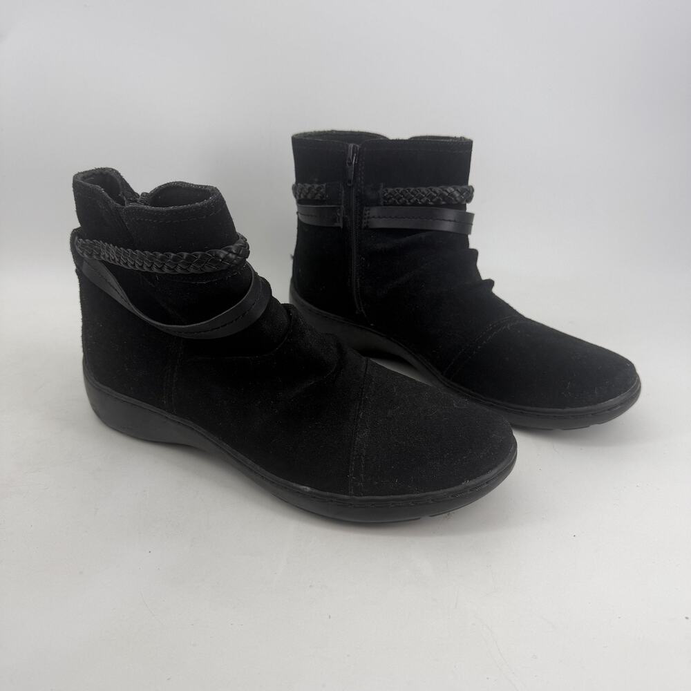 Clarks Boots Womens Size 10W Black Suede Ankle Wedge Zip Comfort Casual Travel